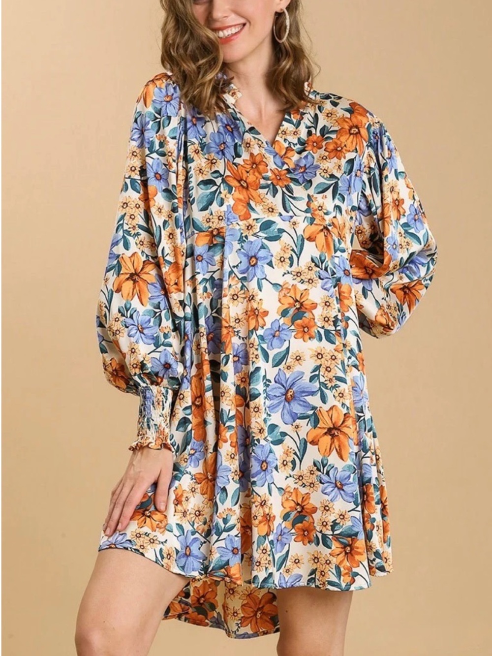 Umgee Champagne Mix Tropical Floral Long Sleeve Dress in Blue and Orange